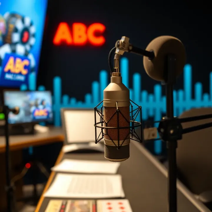 Radio microphone in studio with sound waves illustration representing broadcast on casino topics