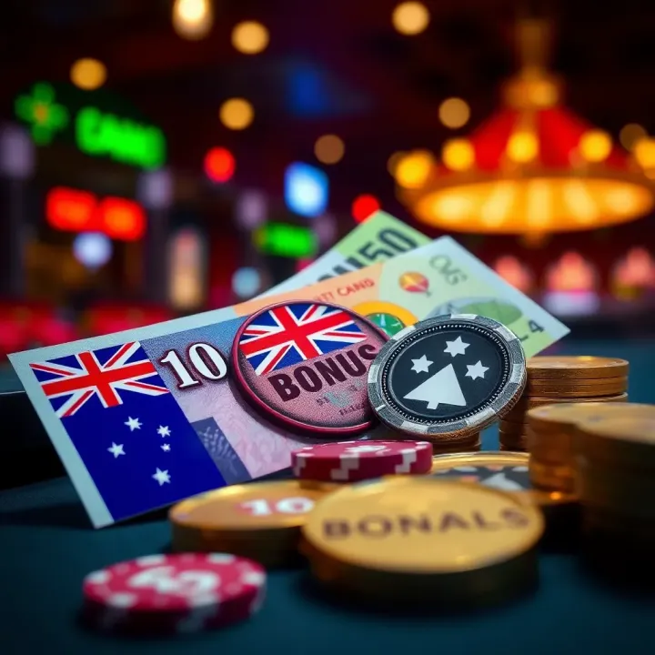 Graphic depicting Australian currency with bonus tokens symbolizing casino rewards