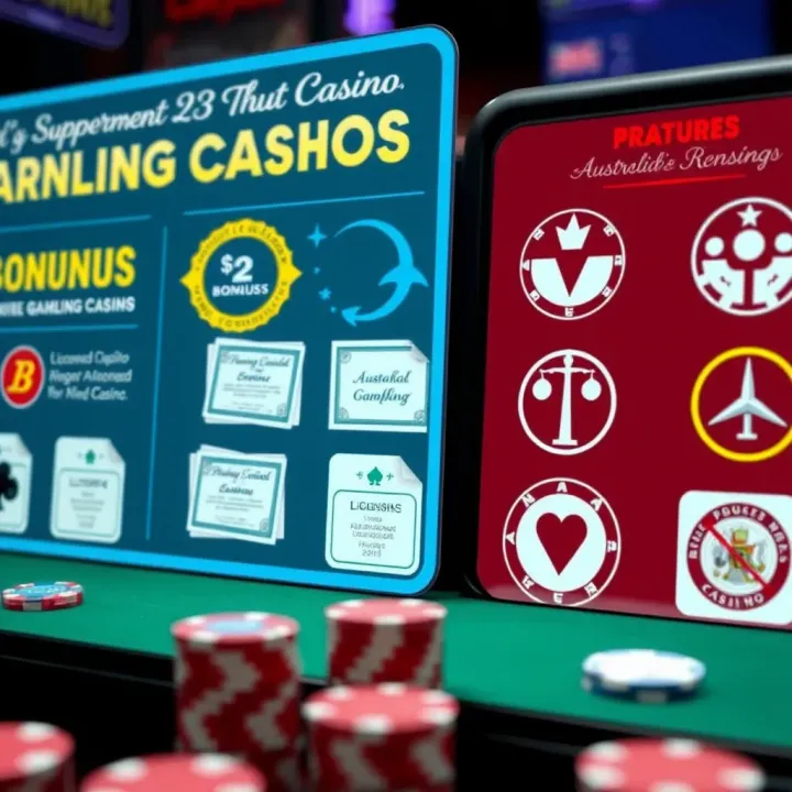 Key Factors in Choosing Trusted Australian Online Casinos Visual representation of different casino bonuses, licensing certificates, and responsible gambling icons to guide player choices