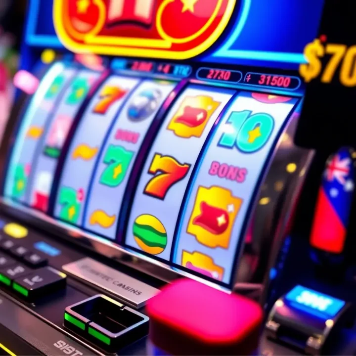 Australian Pokies Slot Machine Featuring No Deposit Bonus Symbols Colorful Australian pokies slot machine with shining reels and bonus icons