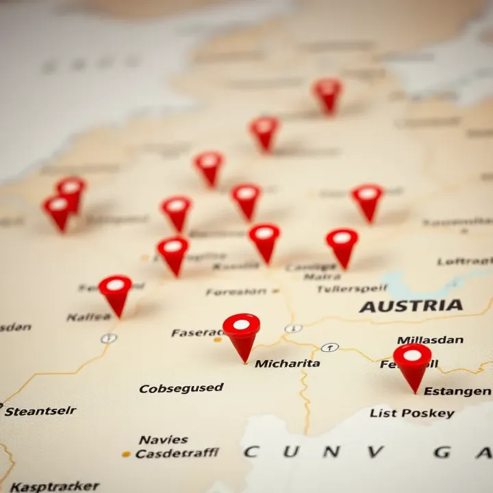 A detailed map highlighting key casino locations across Austria with markers and a subtle background