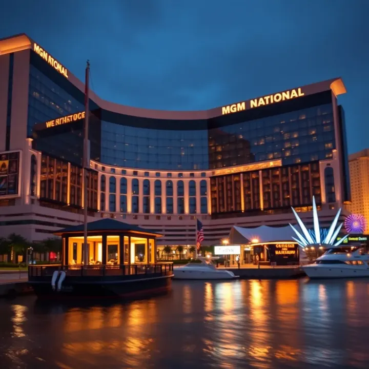 Luxury hotel exterior with illuminated facade near a waterfront at dusk