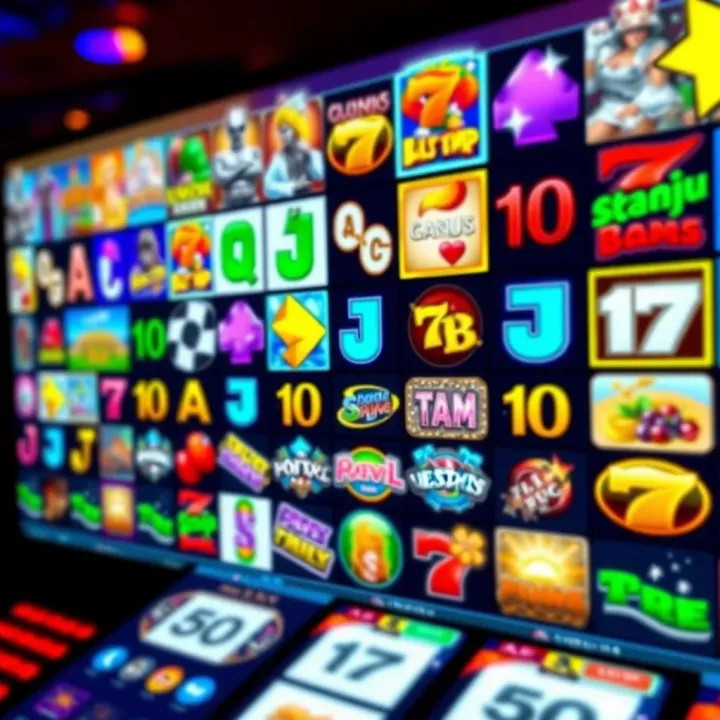 Colorful array of online pokies icons on a digital screen showcasing various themes and symbols