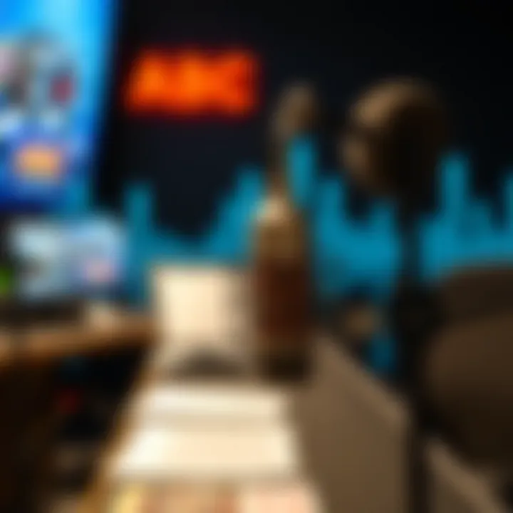 Radio microphone in studio with sound waves illustration representing broadcast on casino topics