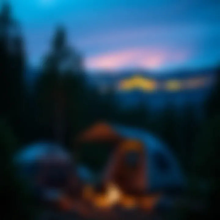 Scenic campsite set up near a forested area with a distant view of a casino illuminated at night