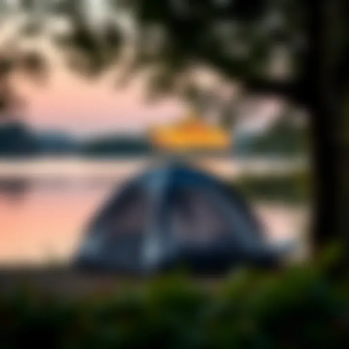 Peaceful natural landscape showing a tent pitched by a lake with a casino building visible beyond the trees