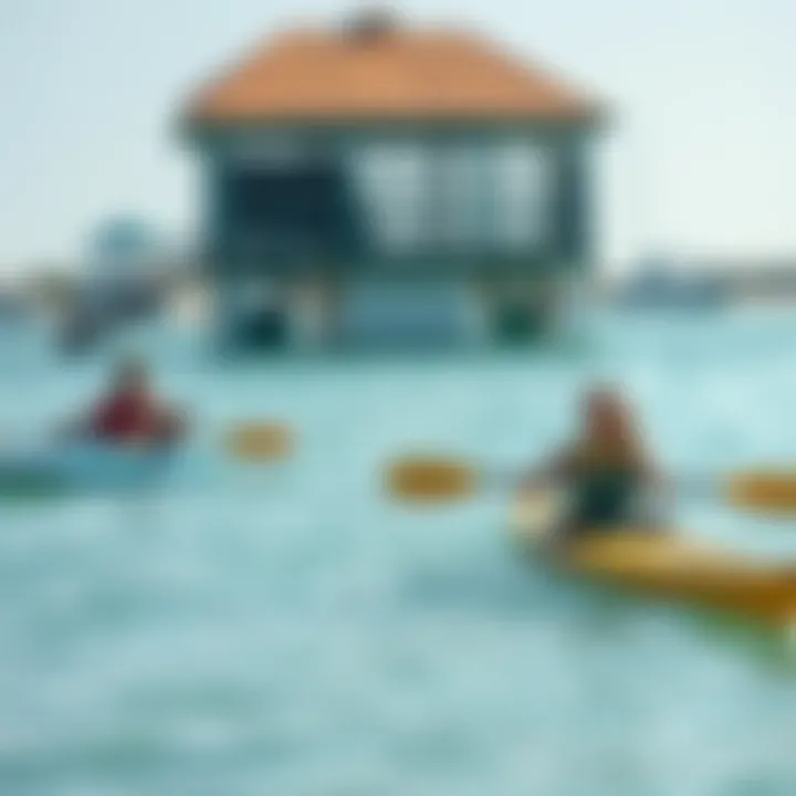 Water Recreation Activities at Casino Beach Visitors enjoying kayaking and paddleboarding on calm clear waters at Casino Beach