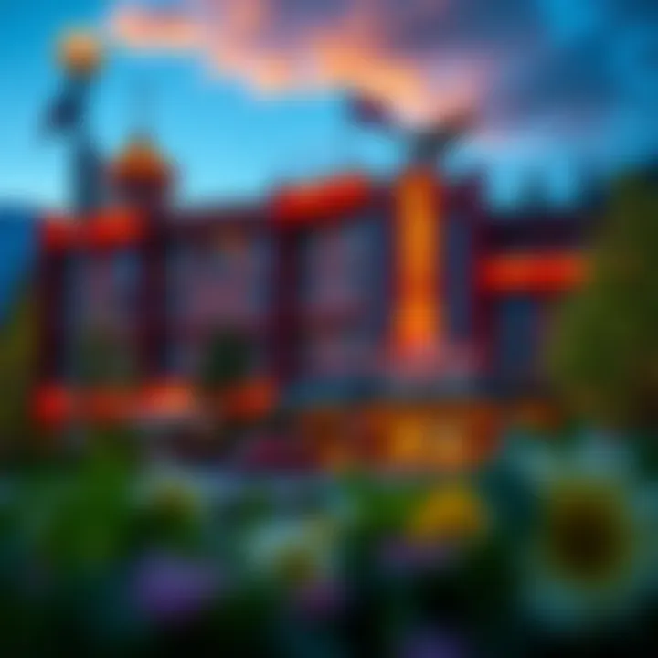 Exterior of a vibrant casino hotel surrounded by lush greenery with glowing lights at dusk