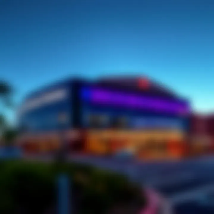 Exterior view of the Casino at National Harbor with vibrant lighting at dusk