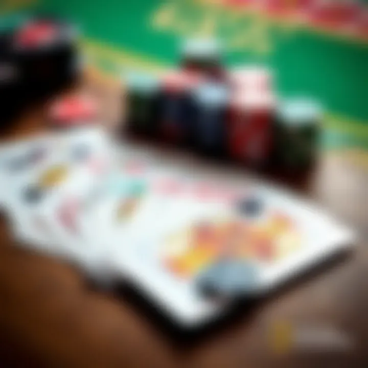 Colorful deck of playing cards spread out next to casino chips on a wooden table