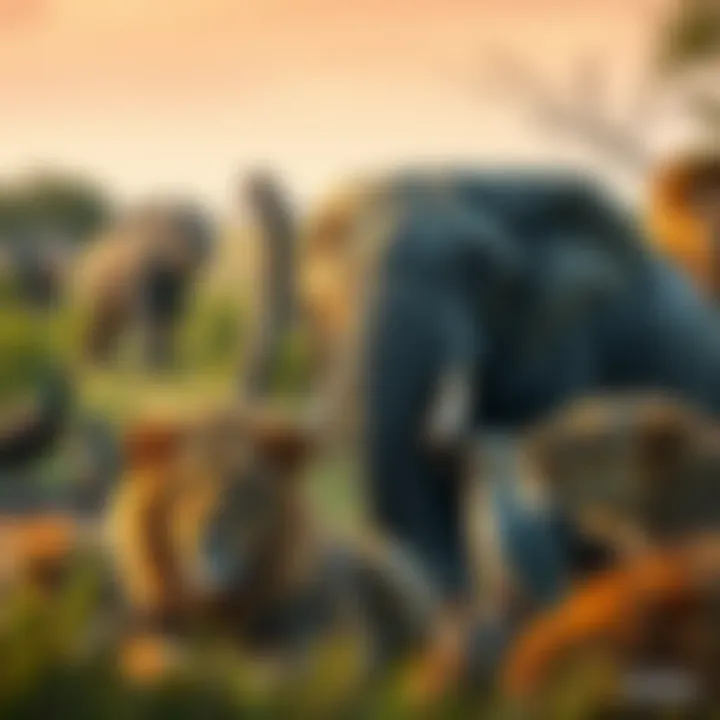 Wild animals including lions, elephants, and birds in a natural habitat illustrating wildlife connections
