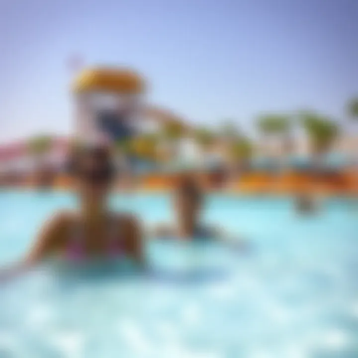 Fun and Relaxation at Breakwater Beach Wave Pool Family enjoying wave pool and sun loungers at a sunny beach waterpark