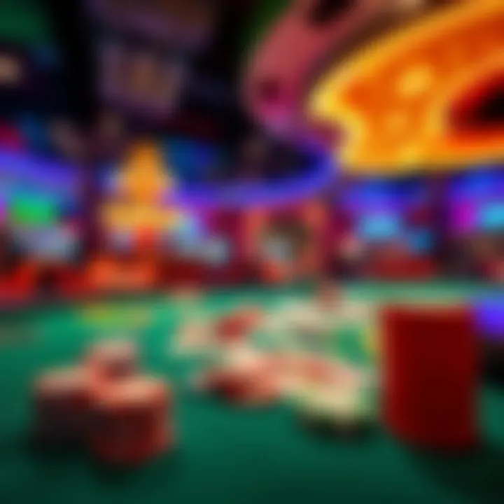 Vibrant casino table scene capturing the excitement of Vegas games Casino table with colorful chips and cards under bright lights