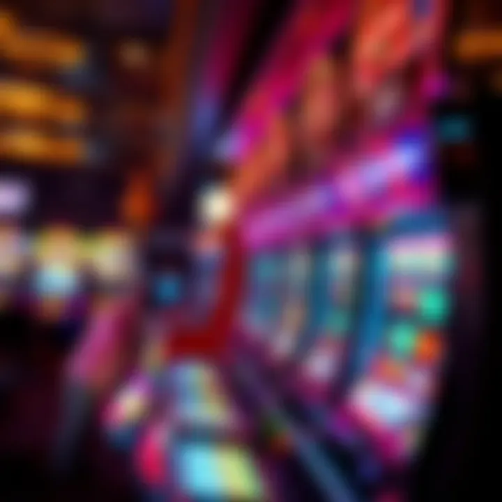 Neon-lit slot machines embodying the classic Vegas gambling atmosphere Slot machines glowing with neon lights inside a lively casino