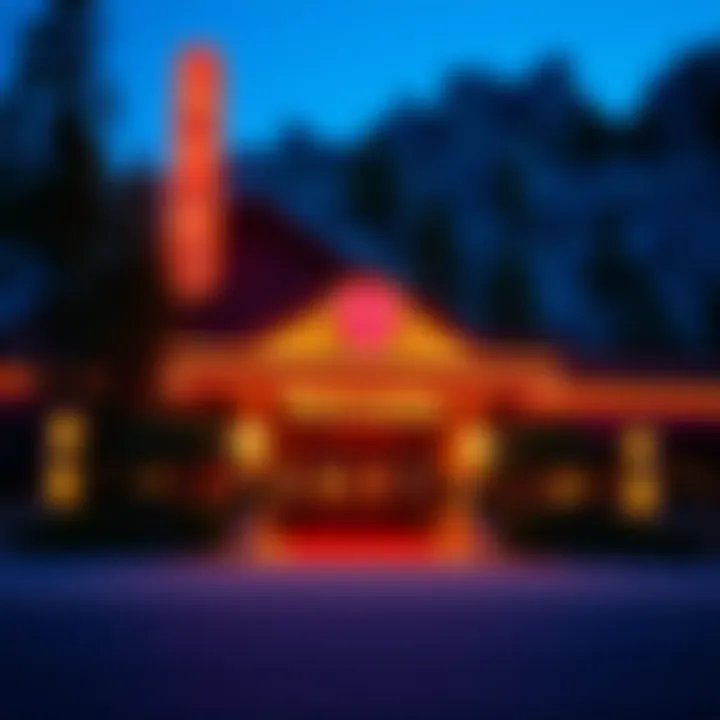 Exterior of a lively casino with bright lights and a welcoming entrance near a forested landscape