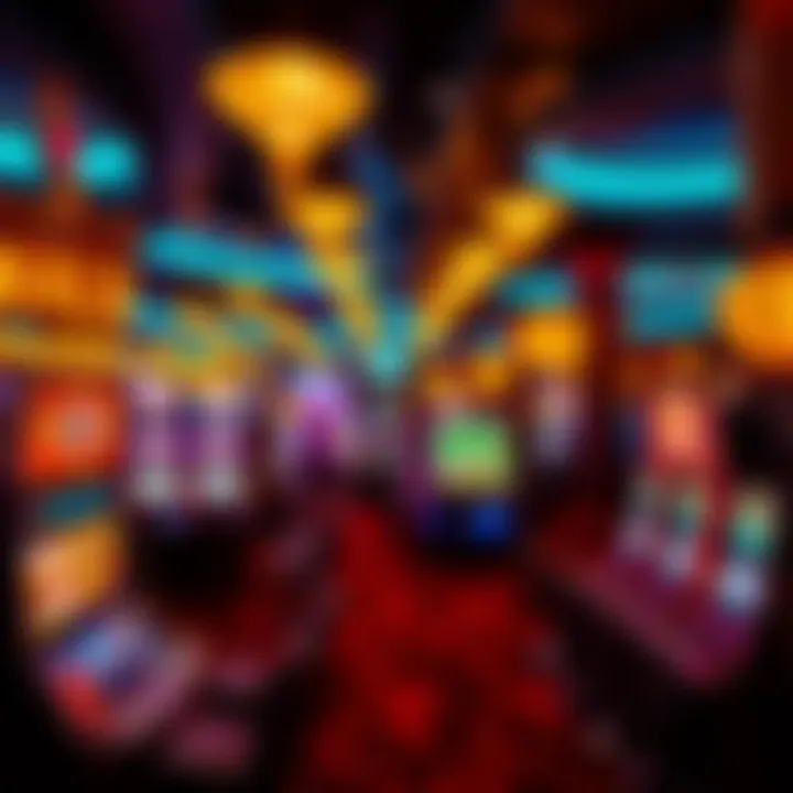 Casino floor with various gaming tables and slot machines illuminated by vibrant lights