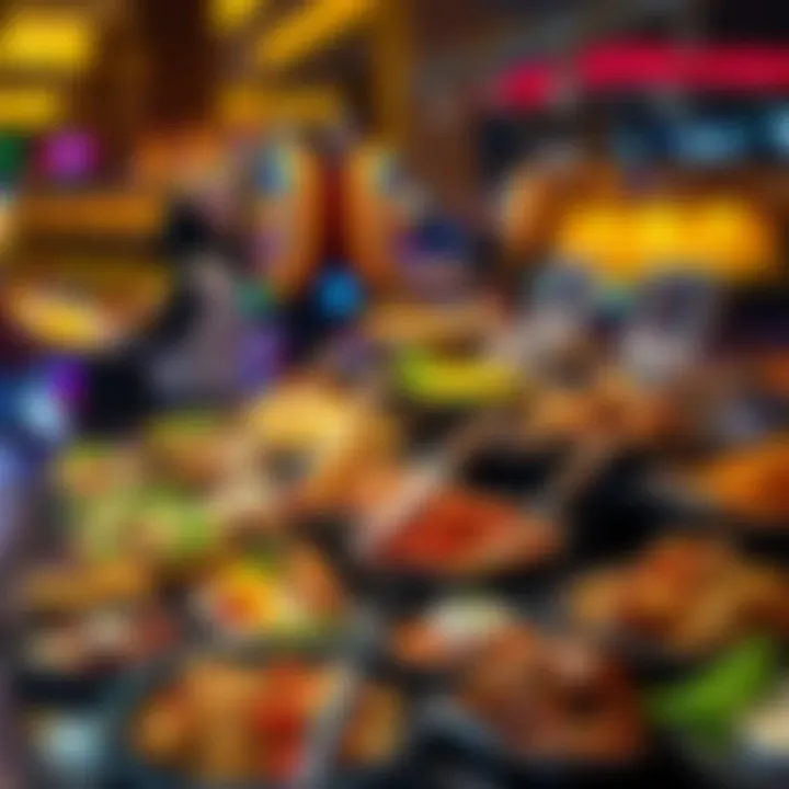 Wide variety of international dishes displayed at a buffet station in a vibrant casino setting