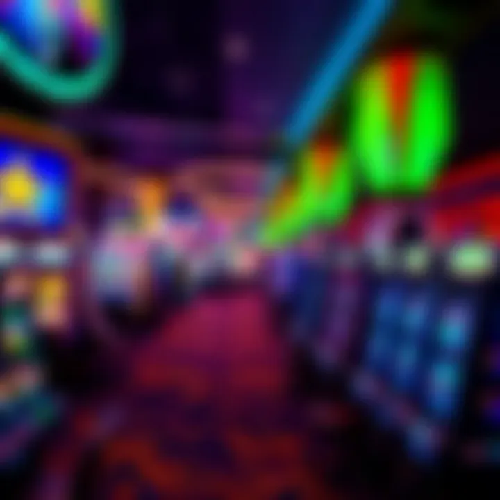 Vibrant casino floor with various gaming tables and slot machines illuminated by colorful lights