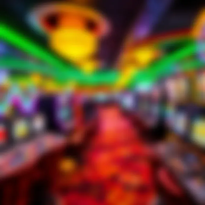 Vibrant casino floor featuring gaming tables and slot machines with colorful lighting
