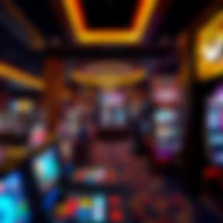 Luxurious casino floor filled with gaming tables and slot machines under ambient lighting
