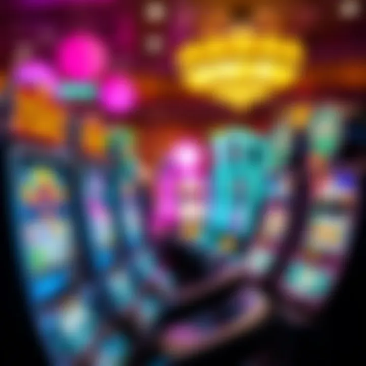 Colorful casino slot machine reels displaying various symbols with vibrant lights