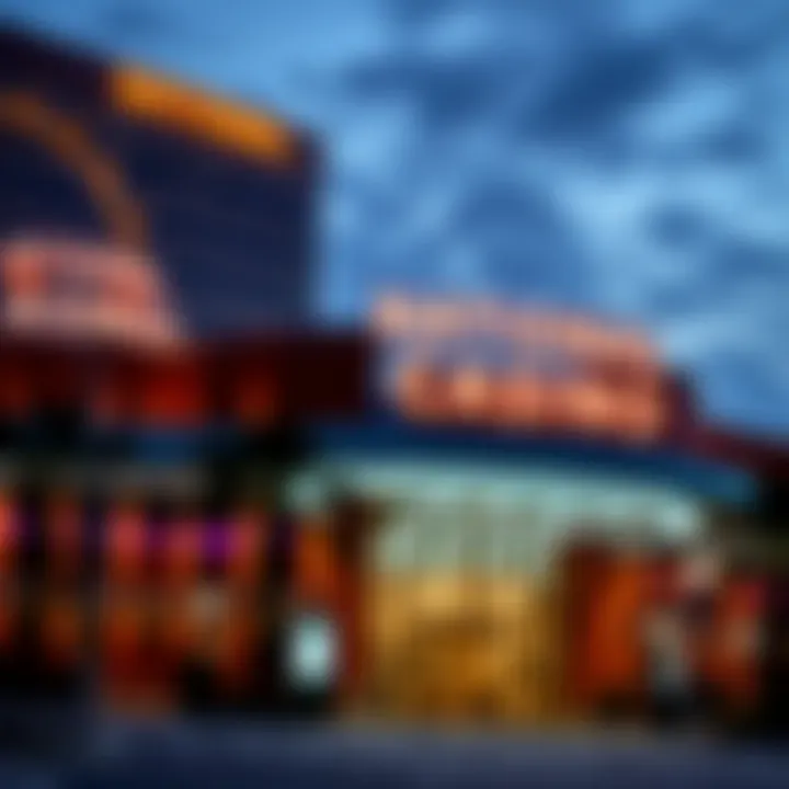 Exterior view of National Harbor Maryland casino entrance at dusk with vibrant lighting