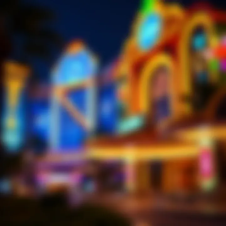 Exterior night view of an illuminated casino showcasing vibrant lights and architectural design