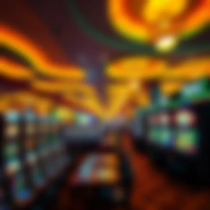 Vibrant casino floor with rows of slot machines and gaming tables under atmospheric lighting