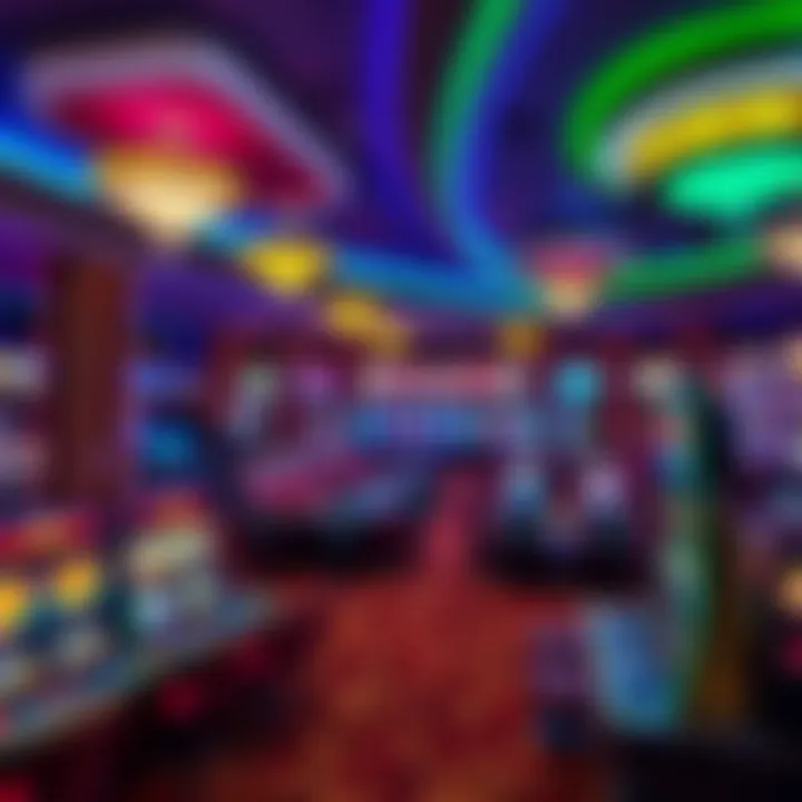 Luxurious casino floor illuminated with vibrant lights and rows of gaming tables and slot machines