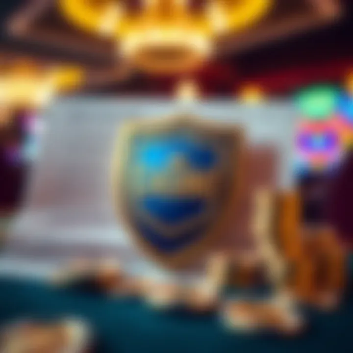 Graphic of legal documents with a casino tokens and a shield symbolizing safe and legal online gambling practices