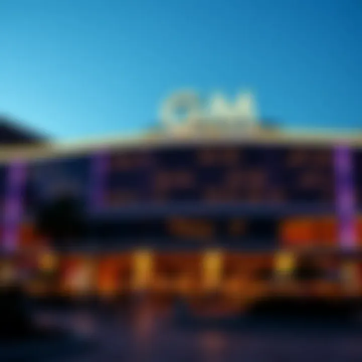 Exterior view of the MGM National Harbor casino with bright lights illuminating the modern architectural design during evening hours