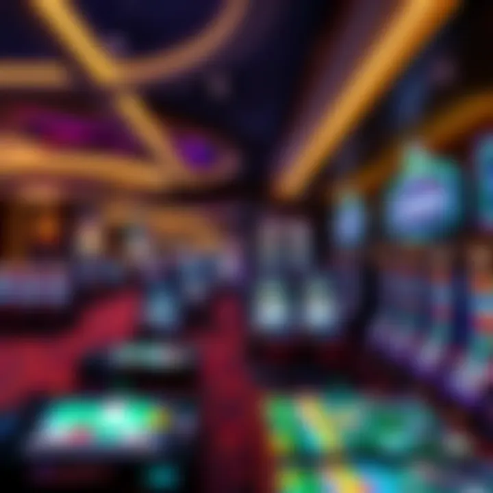 Luxurious casino floor featuring vibrant gaming tables, slot machines, and ambient lighting
