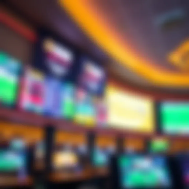 Modern sportsbook area with large digital screens displaying various sports betting options