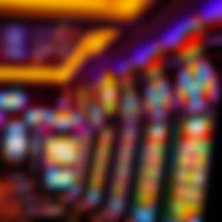 Row of colorful slot machines glowing with vibrant lights inside a casino