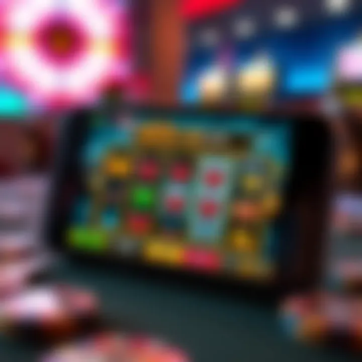 Mobile phone displaying an active online pokies game with bonus features and spinning reels