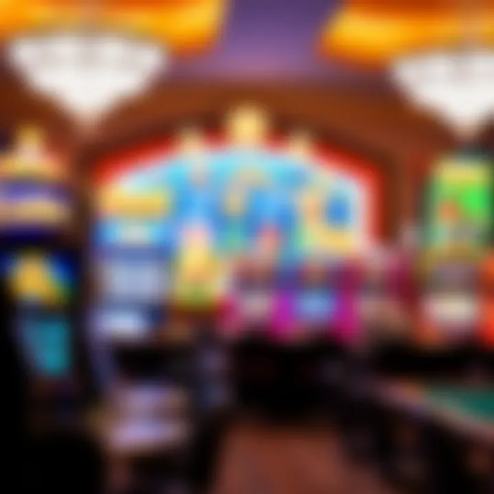 A vibrant casino game interface showcasing a variety of slot machines and table games