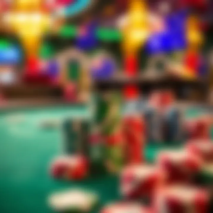 Colorful casino chips stacked neatly on a green felt gaming table with Australian-themed decor in the background