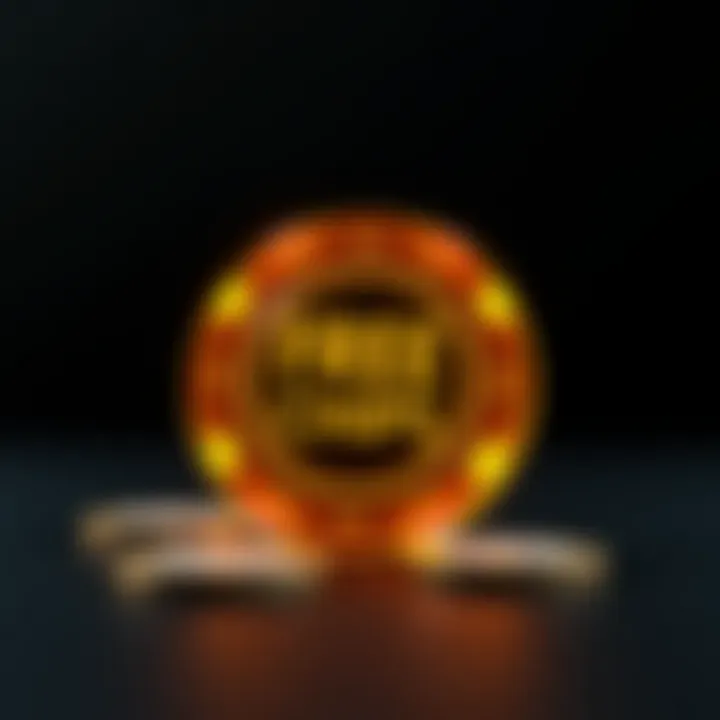Digital casino chip glowing with promotional symbols against a dark background