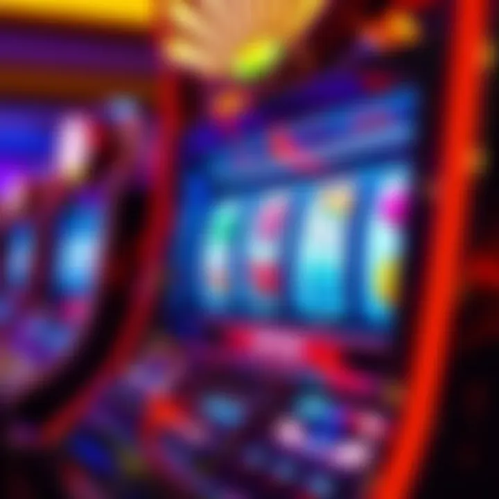 Bright casino slot machine with spinning reels showing various symbols
