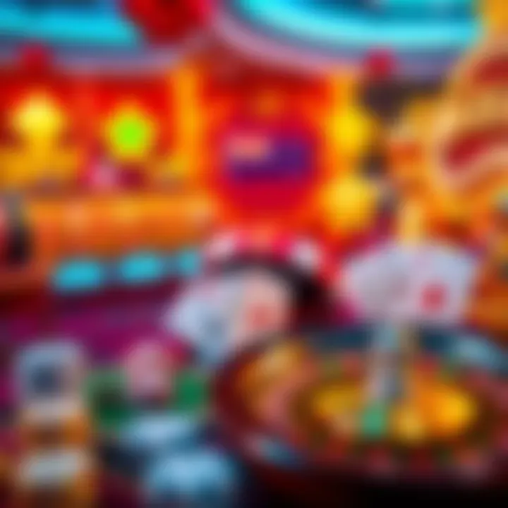 Variety of casino game icons representing slots, roulette, and card games against a vibrant background