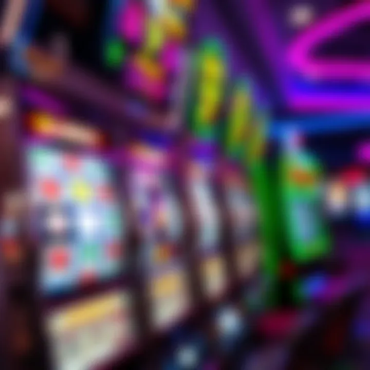 Close-up of a colorful slot machine display with spinning reels and bright symbols