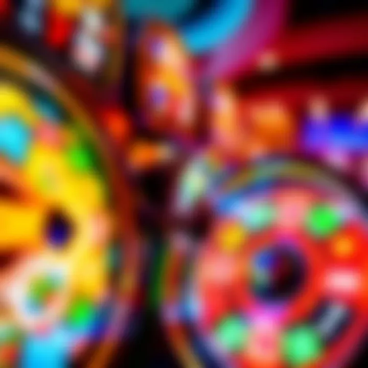 Bright spinning casino reels showcasing various symbols with vibrant colors and flashing lights