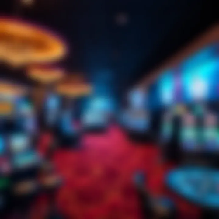 Modern casino floor layout showcasing gaming tables and slot machines under ambient lighting