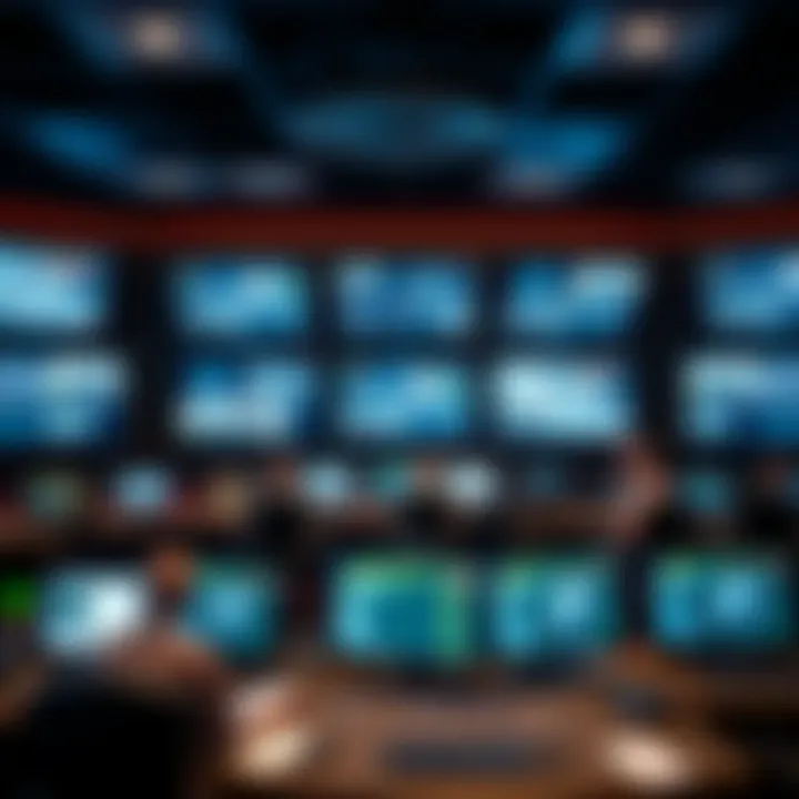 Control room with multiple monitors displaying casino operations and security systems