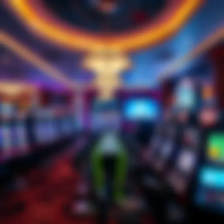 Modern Casino Floor in Austria Interior view of a modern casino floor with slot machines and gaming tables illuminated by vibrant lights
