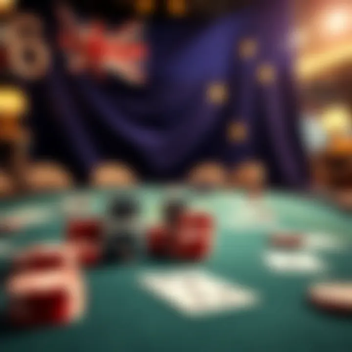 Australian Casino Poker Table Setup Poker chips and cards on a casino table with an Australian flag in the background