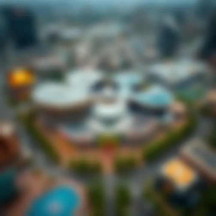 Aerial view of a bustling casino complex with modern architecture and surrounding cityscape