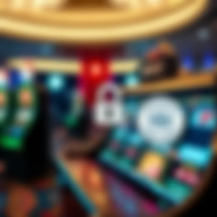 Secure online casino environment with symbols of trust like padlock and fair play badge alongside spinning reels