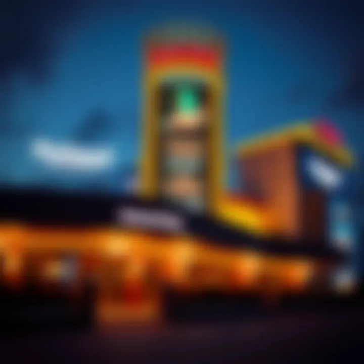 Luxurious casino exterior at National Harbor illuminated at dusk with vibrant signage and modern architecture