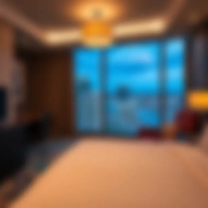 Luxurious hotel accommodations with modern decor and city view from large windows